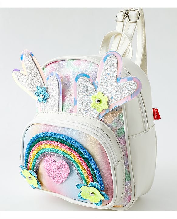 Babyhug Fashion Backpack with Hearts & Flower Applique - White