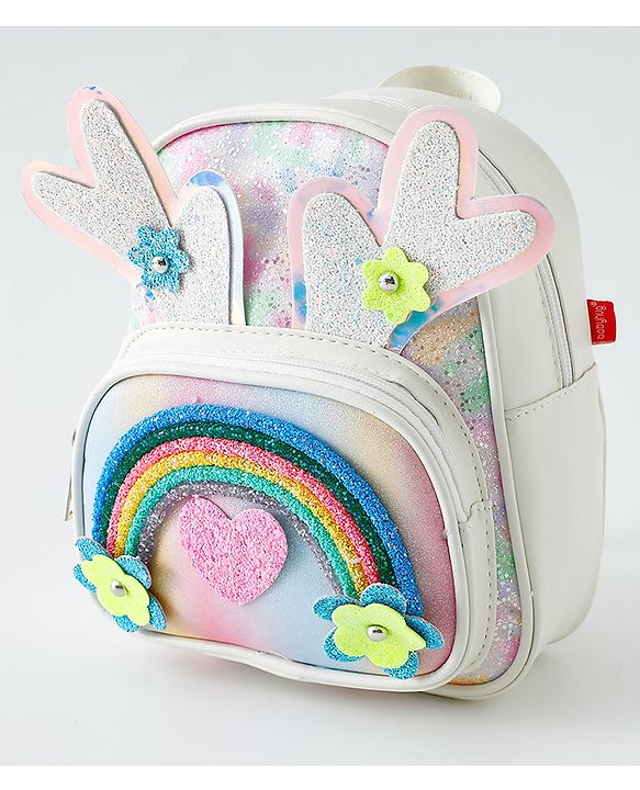 Babyhug Fashion Backpack with Hearts & Flower Applique - White