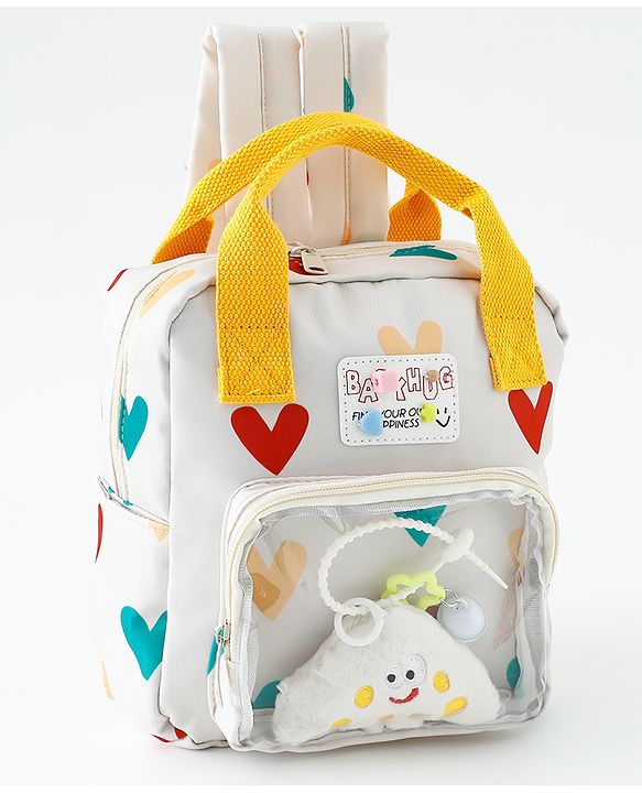 Babyhug Free Size Fashion Backpack With Hearts Design - White