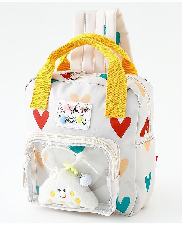 Babyhug Free Size Fashion Backpack With Hearts Design - White