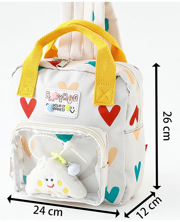 Babyhug Free Size Fashion Backpack With Hearts Design - White