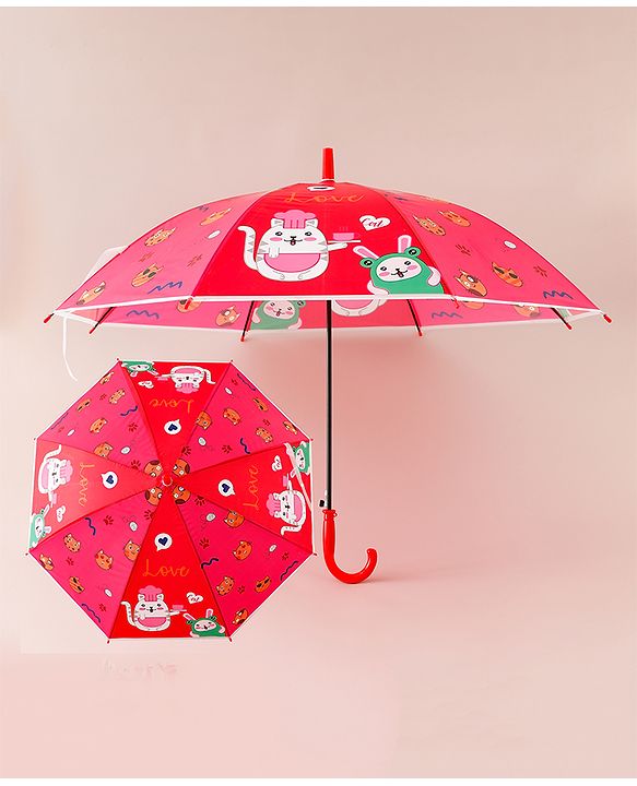 Babyhug Free Size Umbrella with Cat Print - Red