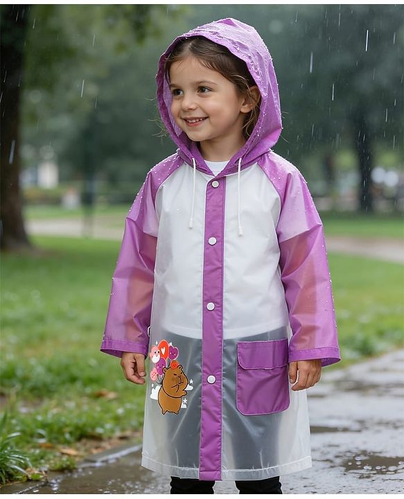Babyhug Hooded Raincoat With Animal Print - Purple