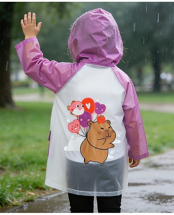 Babyhug Hooded Raincoat With Animal Print - Purple