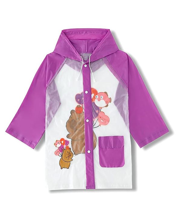 Babyhug Hooded Raincoat With Animal Print - Purple