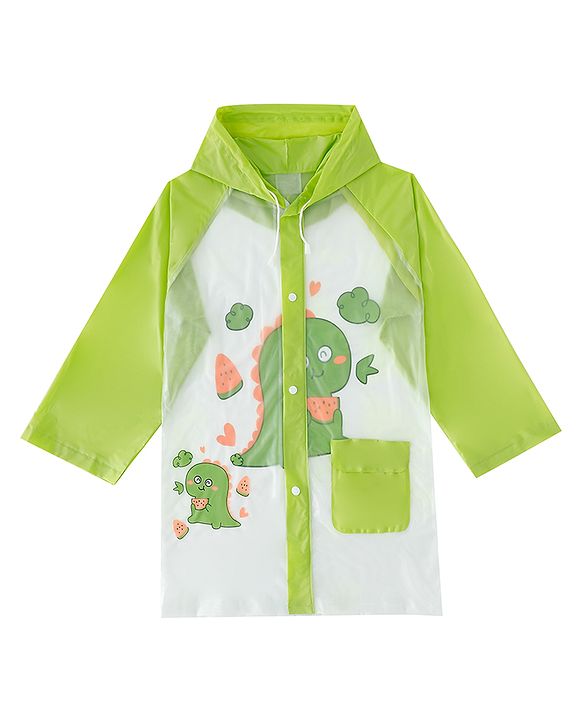 Babyhug Full Sleeves Raincoat With Dino Print - Green
