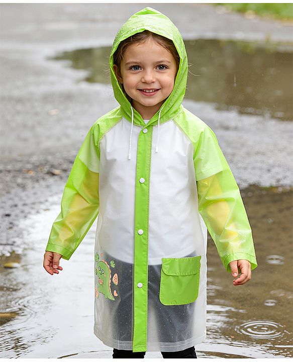 Babyhug Full Sleeves Raincoat With Dino Print - Green