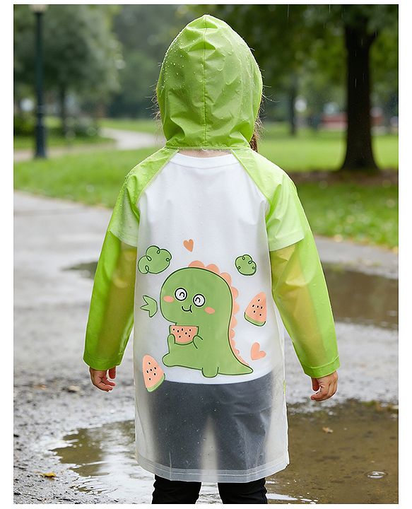 Babyhug Full Sleeves Raincoat With Dino Print - Green