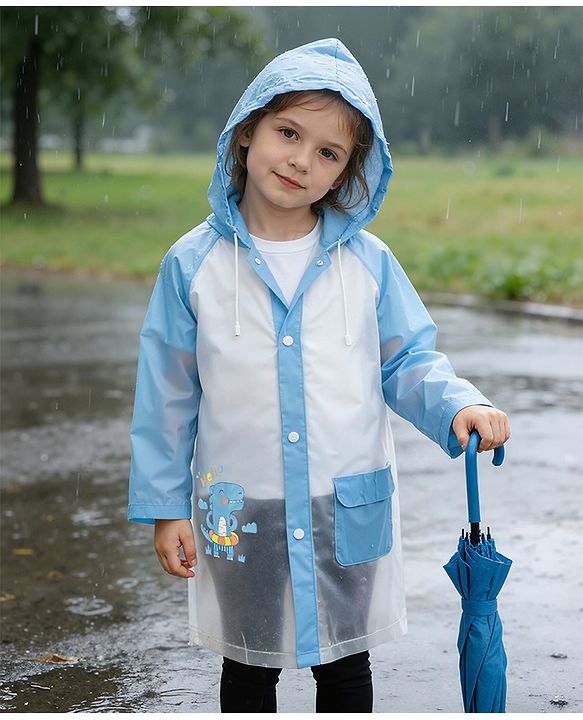 Babyhug Full Sleeves Raincoat With Dino Print - Blue
