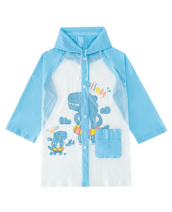Babyhug Full Sleeves Raincoat With Dino Print - Blue