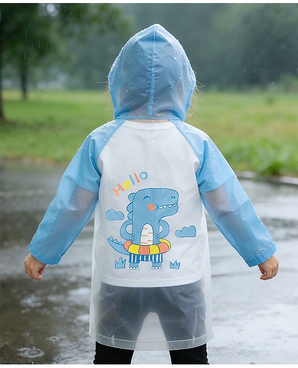 Babyhug Full Sleeves Raincoat With Dino Print - Blue