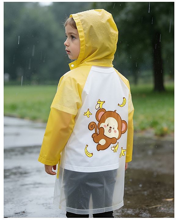 Babyhug Full Sleeves Raincoat With Monkey Print - Yellow