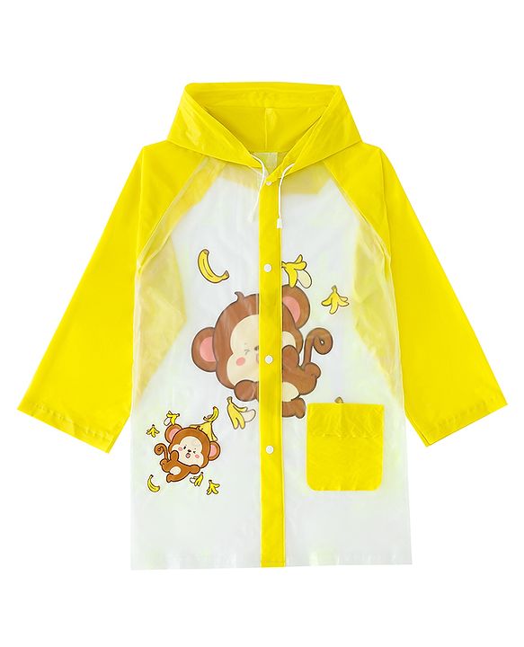 Babyhug Full Sleeves Raincoat With Monkey Print - Yellow