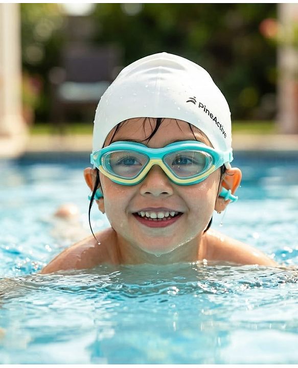 Pine Kids Swimming Goggles and Cap Set with Adjustable Fit- Light Green