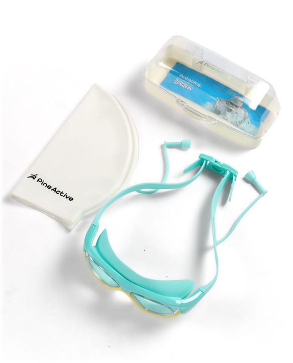 Pine Kids Swimming Goggles and Cap Set with Adjustable Fit- Light Green