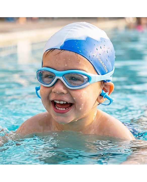 Pine Kids Swimming Goggles and Cap Set with Adjustable Fit- Blue