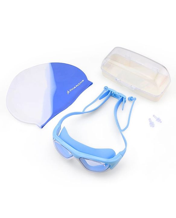 Pine Kids Swimming Goggles and Cap Set with Adjustable Fit- Blue
