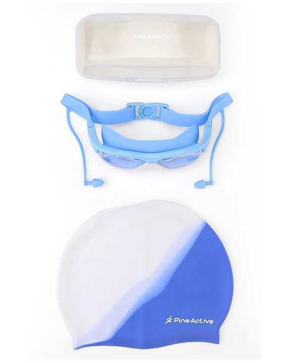 Pine Kids Swimming Goggles and Cap Set with Adjustable Fit- Blue