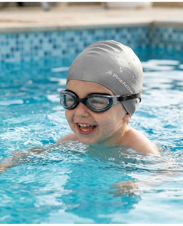 Pine Kids Swimming Goggles and Cap Set with Adjustable Fit- Black & White