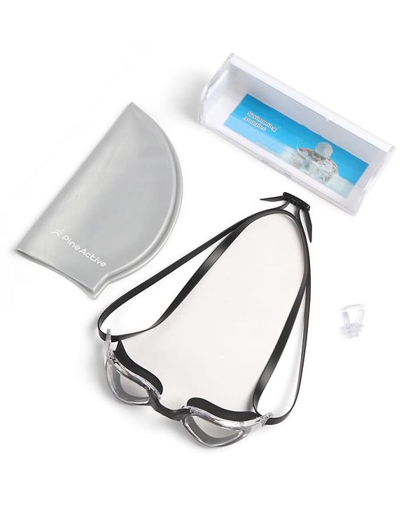Pine Kids Swimming Goggles and Cap Set with Adjustable Fit- Black & White