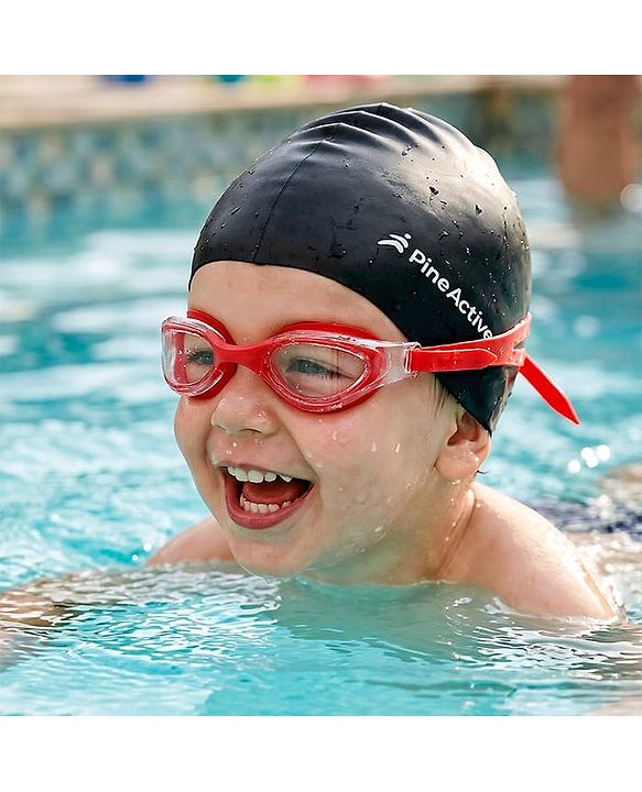 Pine Kids Swimming Goggles and Cap Set with Adjustable Fit- Black & White
