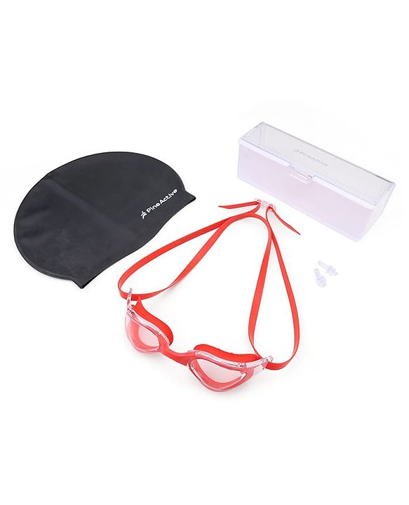 Pine Kids Swimming Goggles and Cap Set with Adjustable Fit- Black & White