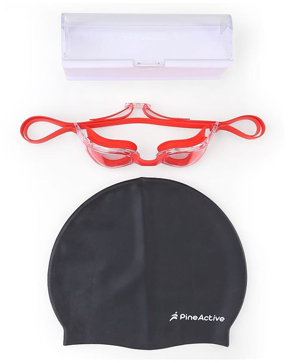 Pine Kids Swimming Goggles and Cap Set with Adjustable Fit- Black & White