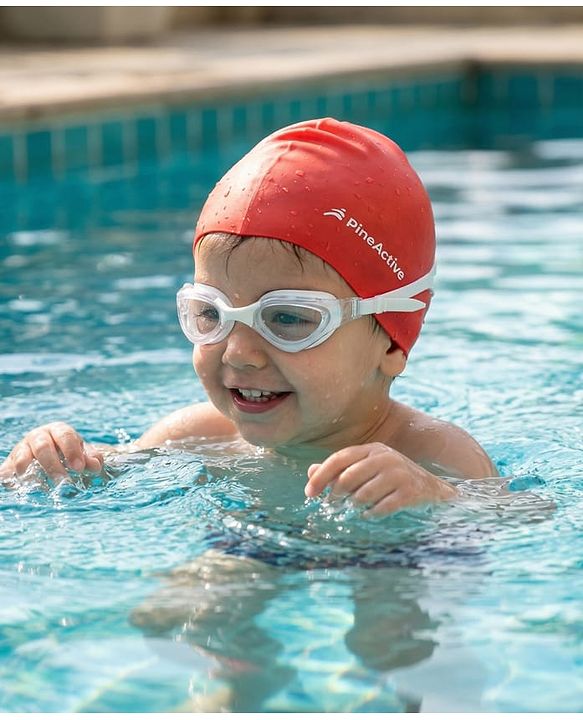 Pine Kids Swimming Goggles and Cap Set with Adjustable Fit- Black & White