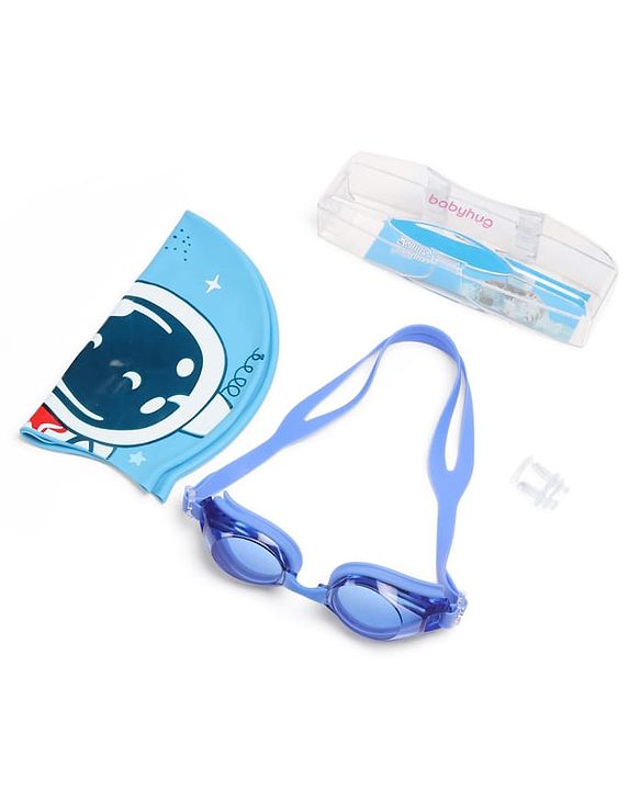 Babyhug Swimming Goggles and Cap Set with Adjustable Fit- Blue