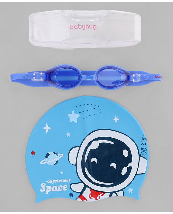 Babyhug Swimming Goggles and Cap Set with Adjustable Fit- Blue