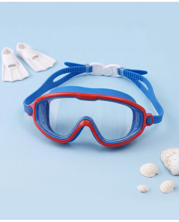Pine Active Swimming Goggles and Cap Set with Adjustable Fit- Red & Blue