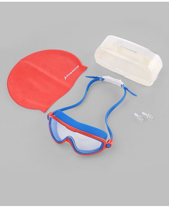 Pine Active Swimming Goggles and Cap Set with Adjustable Fit- Red & Blue