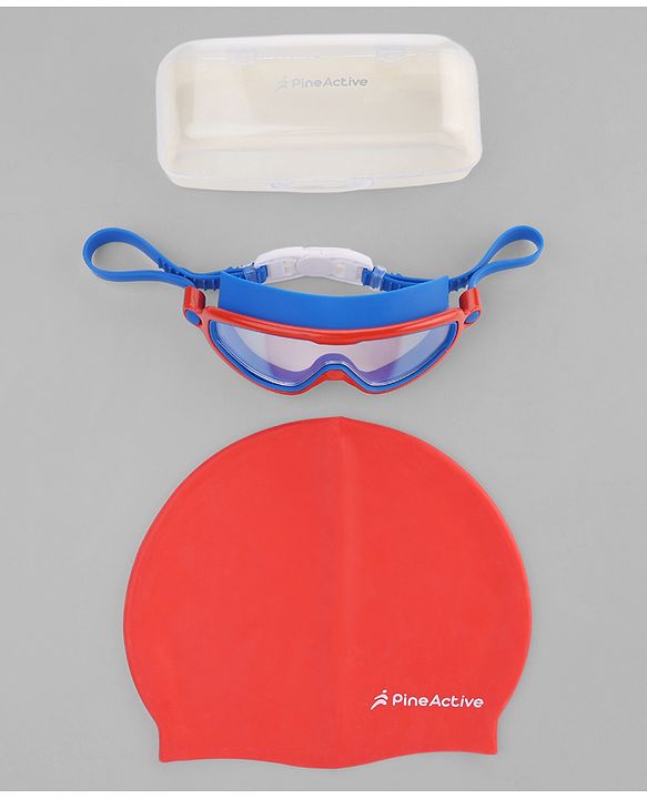 Pine Active Swimming Goggles and Cap Set with Adjustable Fit- Red & Blue