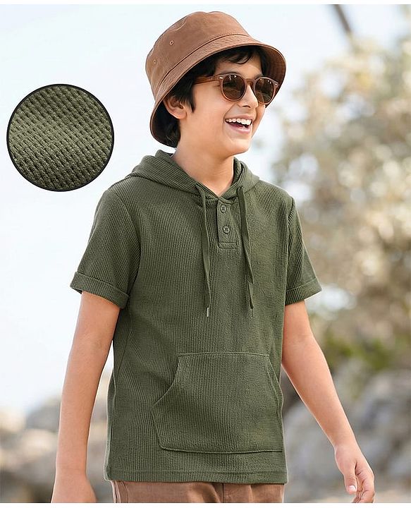 Pine Kids Cotton Knit Half Sleeves Hooded Solid Coloured T-Shirt With Kangaroo Pockets - Olive Green