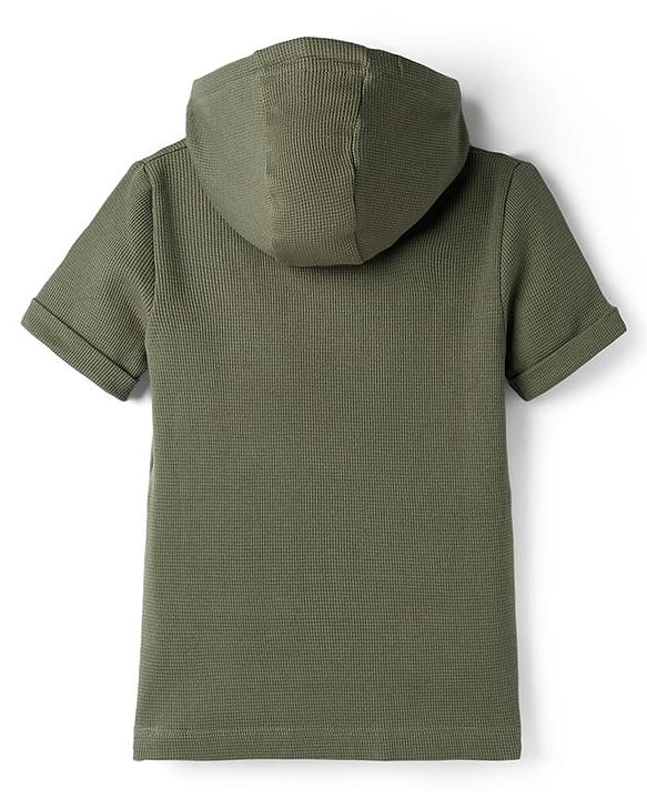 Pine Kids Cotton Knit Half Sleeves Hooded Solid Coloured T-Shirt With Kangaroo Pockets - Olive Green