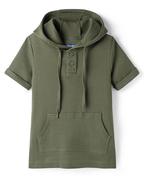 Pine Kids Cotton Knit Half Sleeves Hooded Solid Coloured T-Shirt With Kangaroo Pockets - Olive Green