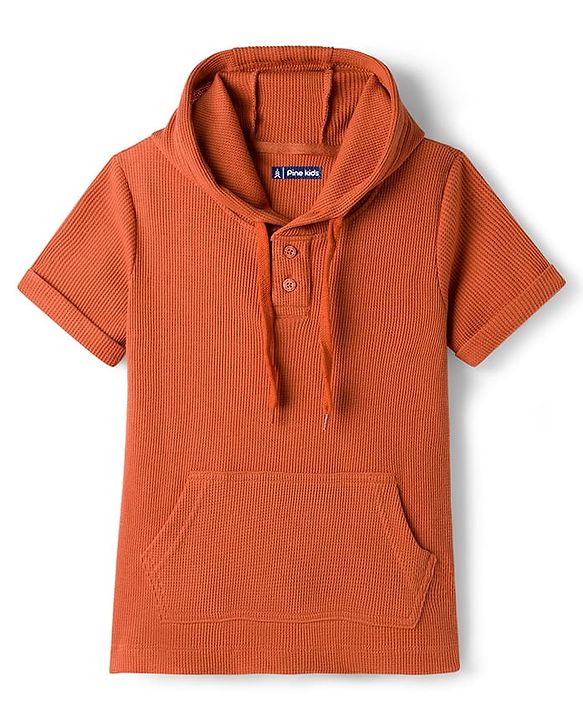 Pine Kids Cotton Knit Half Sleeves Hooded Solid Coloured T-Shirt With Kangaroo Pockets - Olive Green