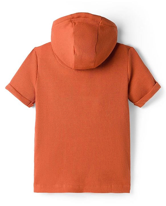 Pine Kids Cotton Knit Half Sleeves Hooded Solid Coloured T-Shirt With Kangaroo Pockets - Olive Green