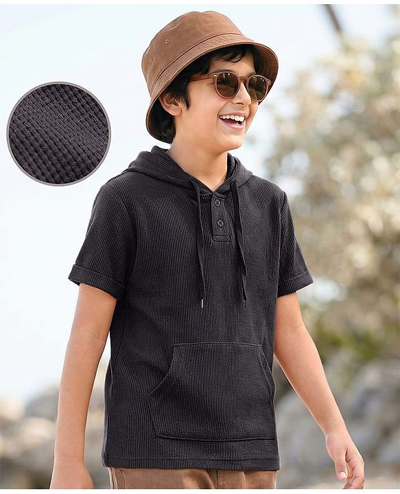 Pine Kids Cotton Knit Half Sleeves Hooded Solid Coloured T-Shirt With Kangaroo Pockets - Olive Green