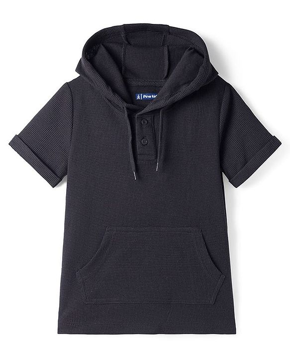 Pine Kids Cotton Knit Half Sleeves Hooded Solid Coloured T-Shirt With Kangaroo Pockets - Olive Green