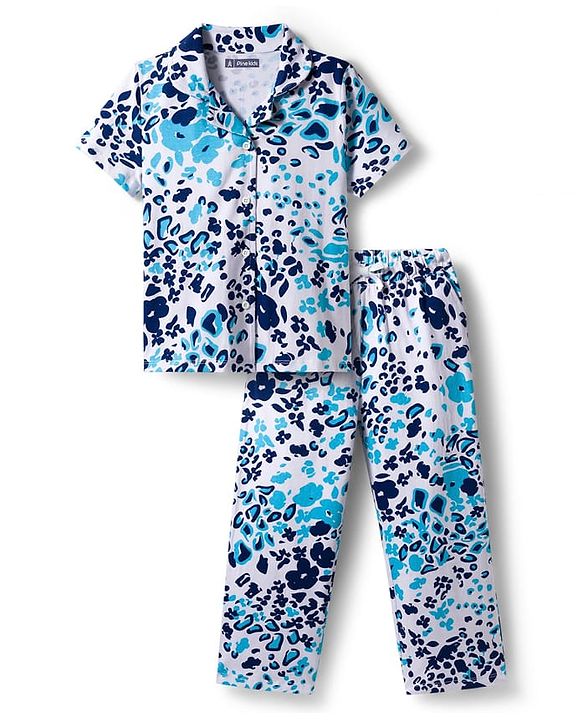 Pine Kids Single Jersey Knit Half Sleeves Co-ord Night Suit With Leopard Print - White