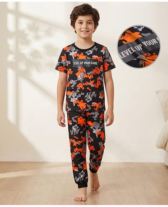 Pine Kids Single Jersey Knit Half Sleeves Co-ords Night Suit With Text Print - Black