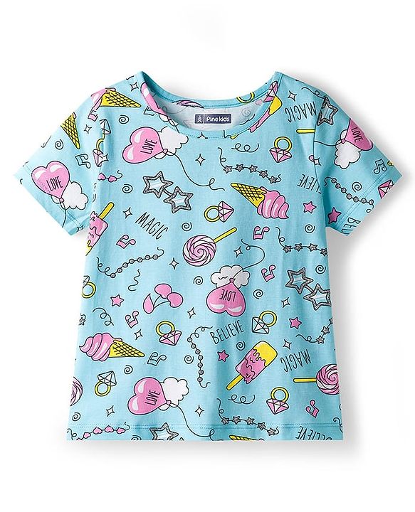 Pine Kids Single Jersey Knit Half Sleeves Co-ords Night Suit With Heart Print - Light Blue