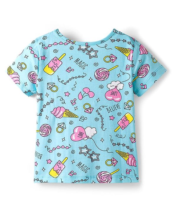 Pine Kids Single Jersey Knit Half Sleeves Co-ords Night Suit With Heart Print - Light Blue