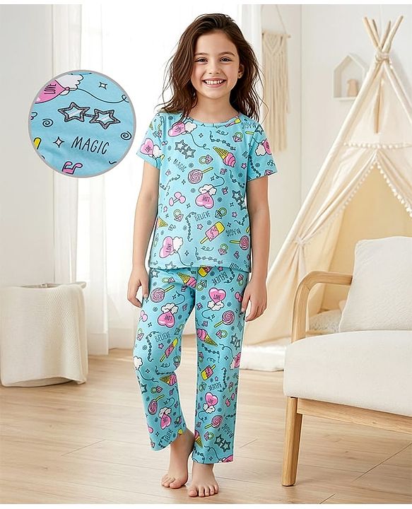 Pine Kids Single Jersey Knit Half Sleeves Co-ords Night Suit With Heart Print - Light Blue