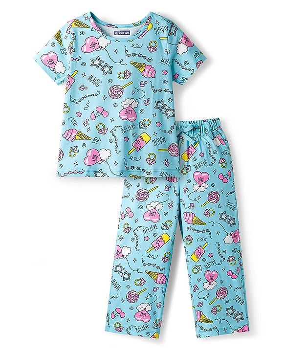 Pine Kids Single Jersey Knit Half Sleeves Co-ords Night Suit With Heart Print - Light Blue