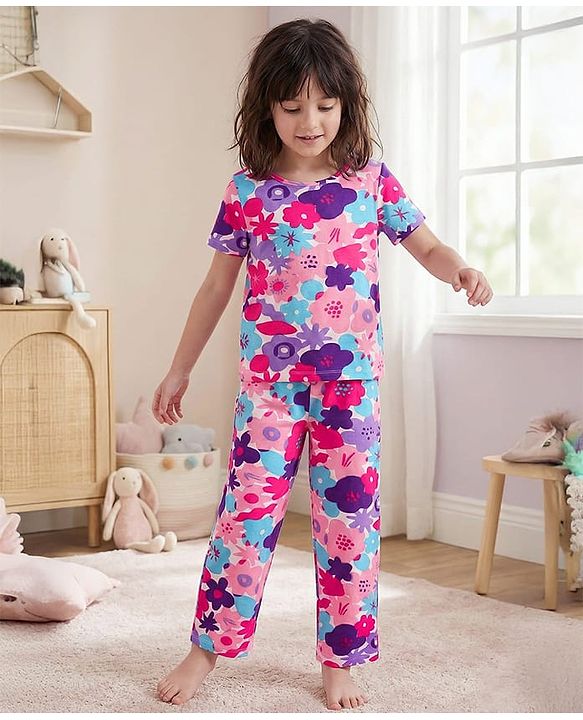 Pine Kids Single Jersey Knit Half Sleeves Night Suit With Floral Print - Pink & White