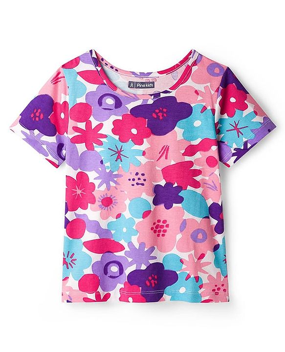 Pine Kids Single Jersey Knit Half Sleeves Night Suit With Floral Print - Pink & White