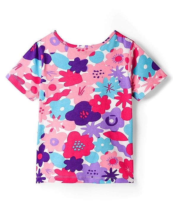 Pine Kids Single Jersey Knit Half Sleeves Night Suit With Floral Print - Pink & White