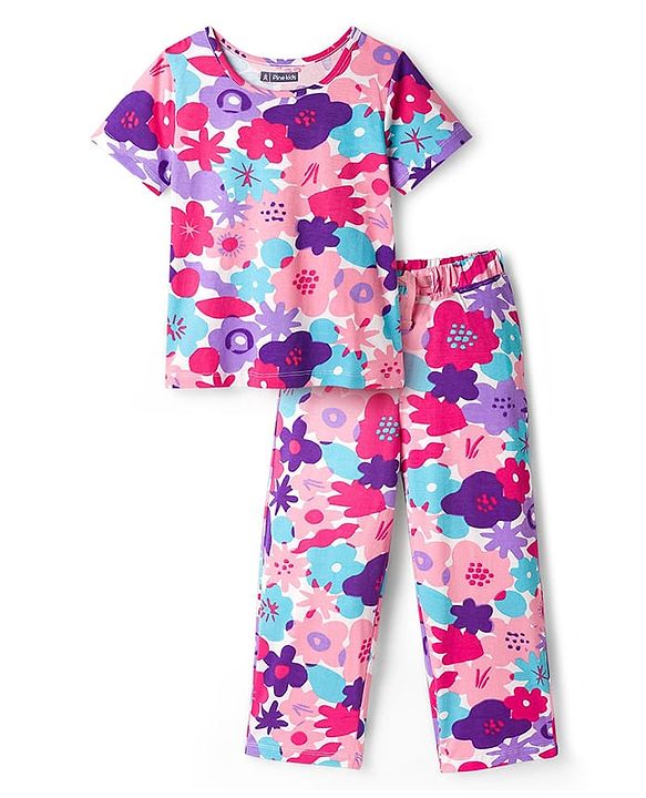 Pine Kids Single Jersey Knit Half Sleeves Night Suit With Floral Print - Pink & White